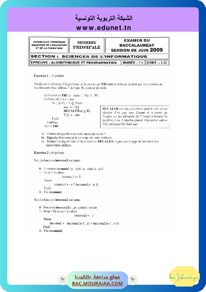 Sujet principale algorithme Bac 2009 – Section info